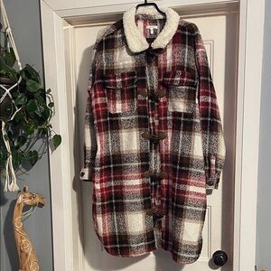 Maurices Red and Black Plaid Sherpa-Lined Utility Jacket